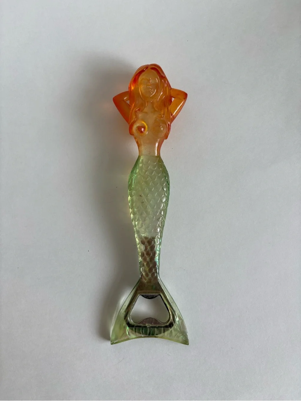 Curvy Mermaid Vintage Bottle Opener Green Orange Iridescent Lucite